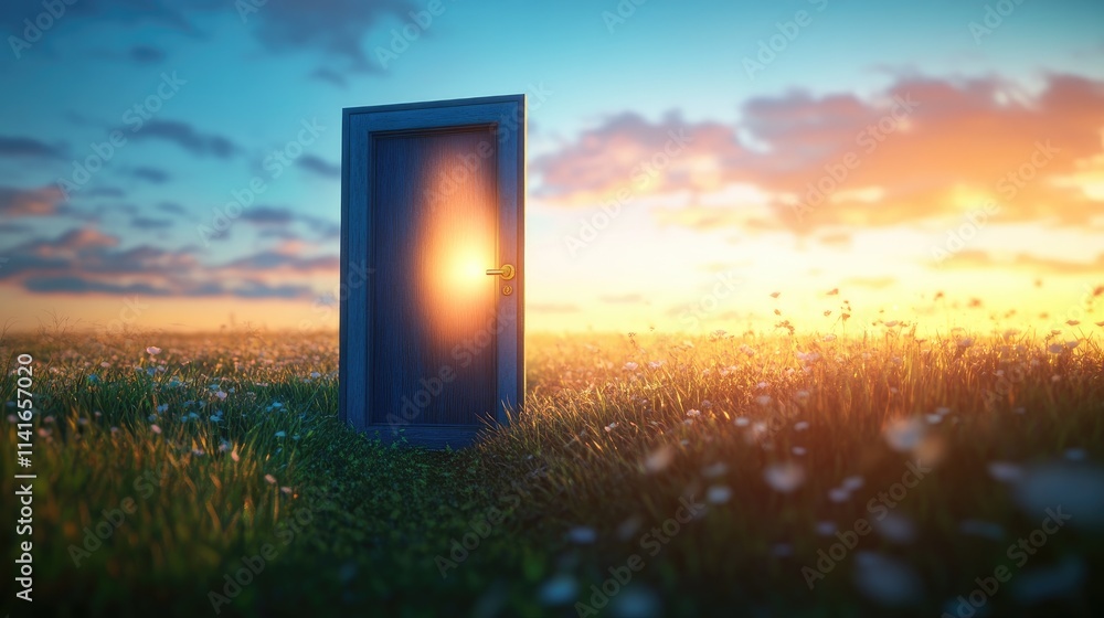 Poster a magical 3d render of an open door in a grassy field, with glowing light shining from the other sid