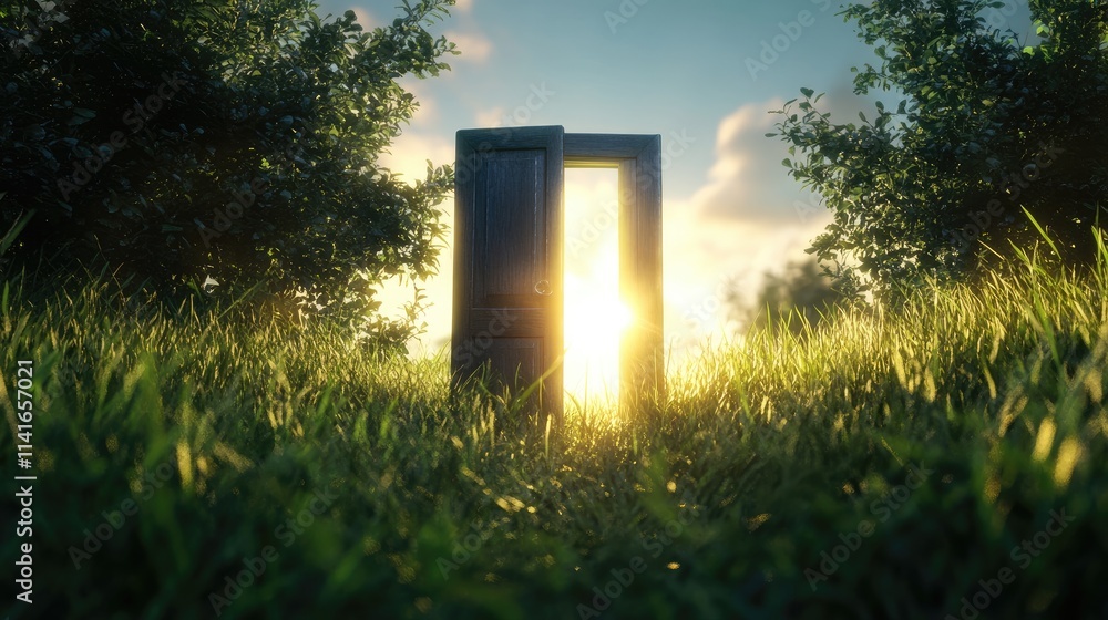 Poster a magical 3d render of an open door in a grassy field, with glowing light shining from the other sid