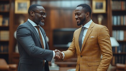 Two smiling businessmen shaking hands in a library.