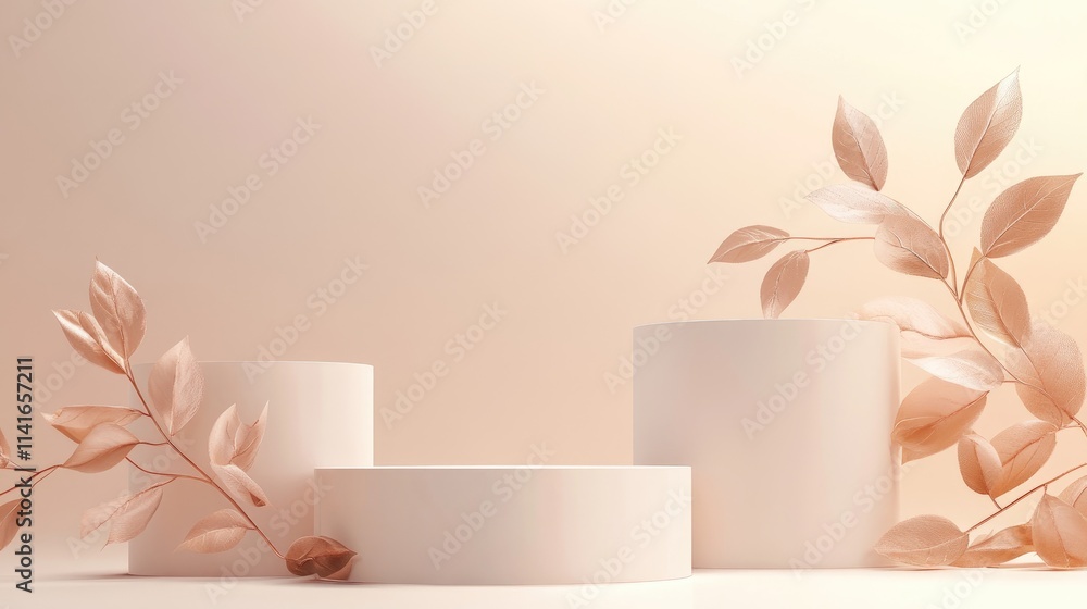 Poster a minimalist 3d background featuring white cylinder podiums and natural leaves, creating a peaceful 