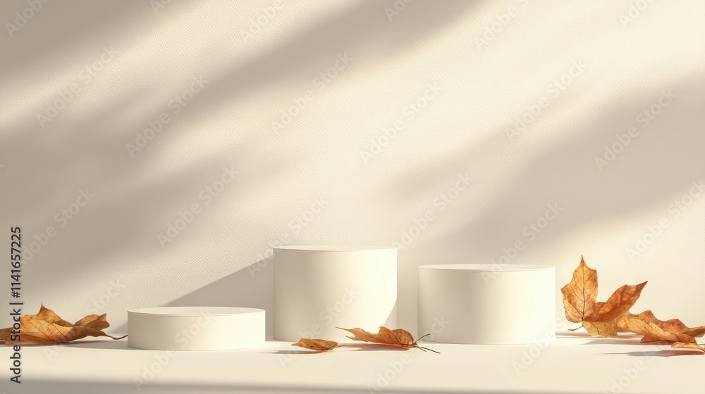 Poster a minimalist 3d background featuring white cylinder podiums and natural leaves, creating a peaceful 