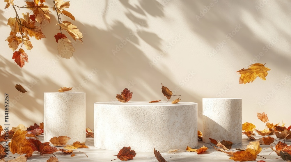 Poster a minimalist 3d background featuring white cylinder podiums and natural leaves, creating a peaceful 