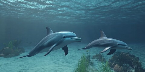 Fototapeta premium Two Playful Dolphins Swimming Gracefully Underwater Surrounded by Vibrant Coral Reef and Undersea Vegetation