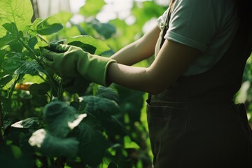 Fototapeta premium Minimalist Photography Depicting a Woman Farmer Tending to Plants in a Lush Green Garden