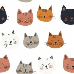Obraz premium Quirky Kitty Chaos Adorable, simple cat faces with whiskers and playful expressions in muted tones
