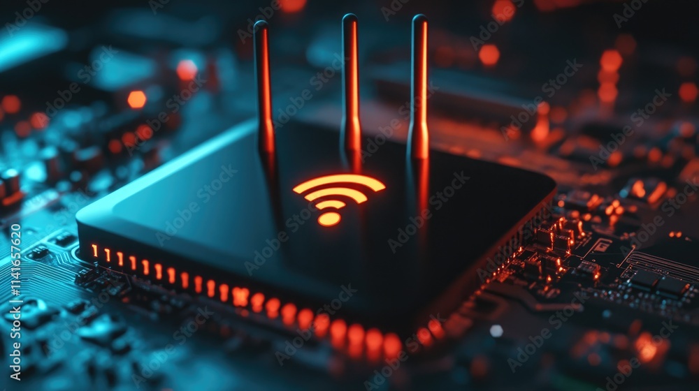 Poster a modern black wi-fi router placed above a motherboard, emitting wireless signals that symbolize int