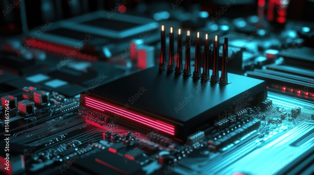 Poster a modern black wi-fi router placed above a motherboard, emitting wireless signals that symbolize int