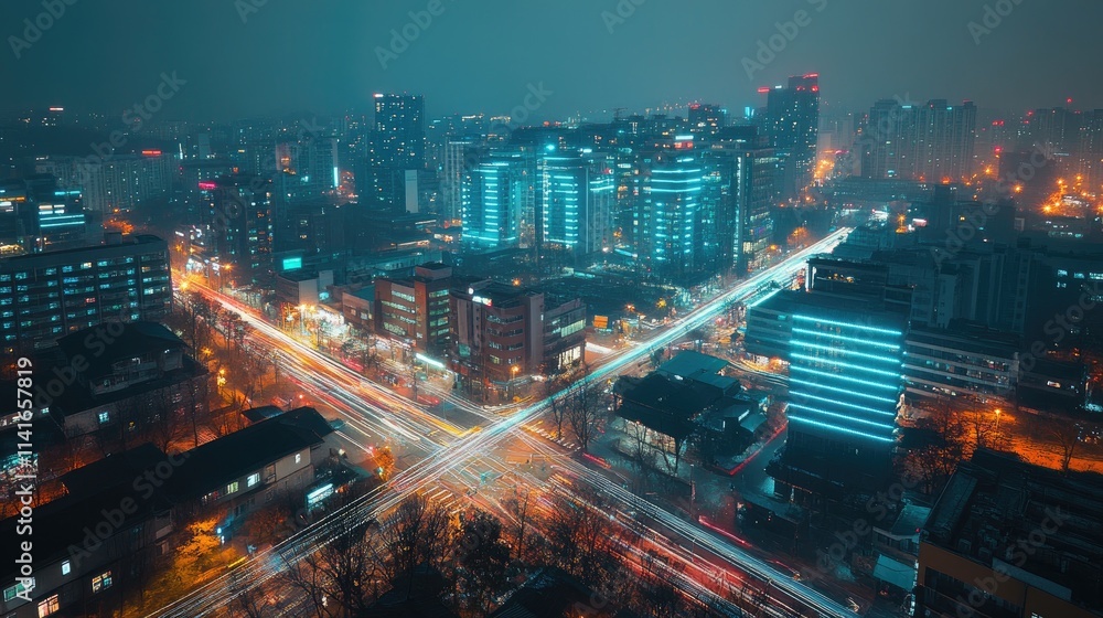Poster A modern city illuminated with wireless network signals, demonstrating the integration of smart technology and connectivity in urban living.