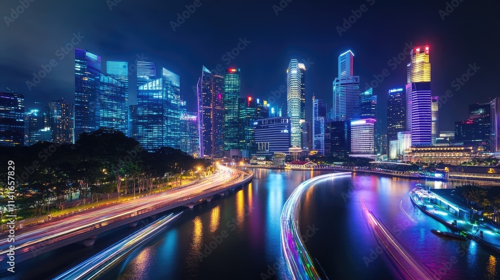 Poster A modern city illuminated with wireless network signals, demonstrating the integration of smart technology and connectivity in urban living.