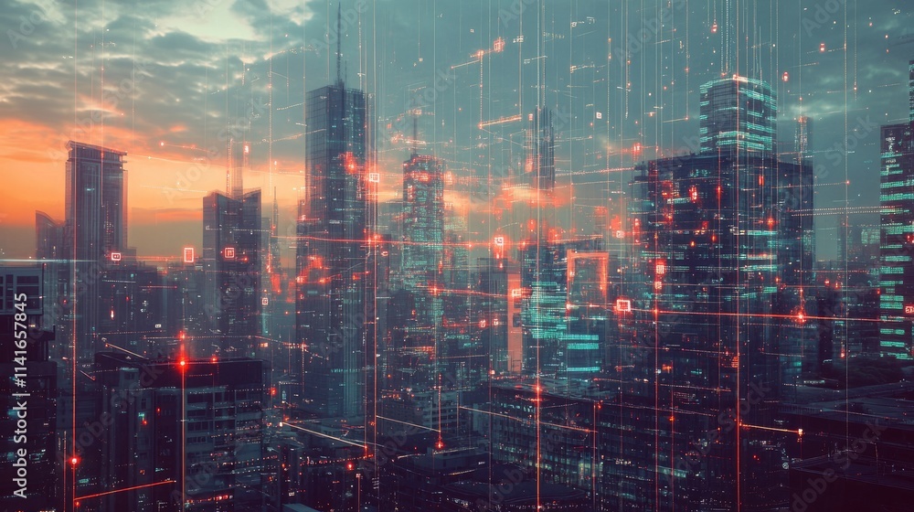 Poster a modern city skyline with digital lines and wireless signals connecting buildings, illustrating the