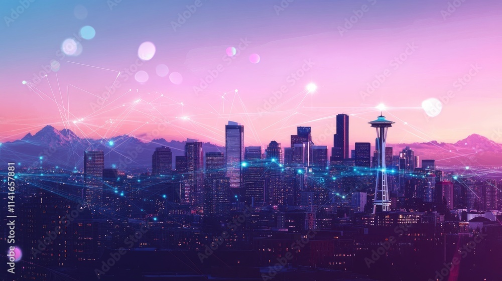 Poster a modern city skyline with digital lines and wireless signals connecting buildings, illustrating the