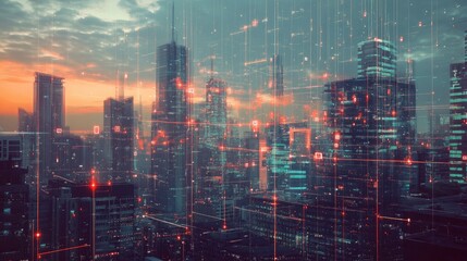 A modern city skyline with digital lines and wireless signals connecting buildings, illustrating the power of wireless communication and connectivity.