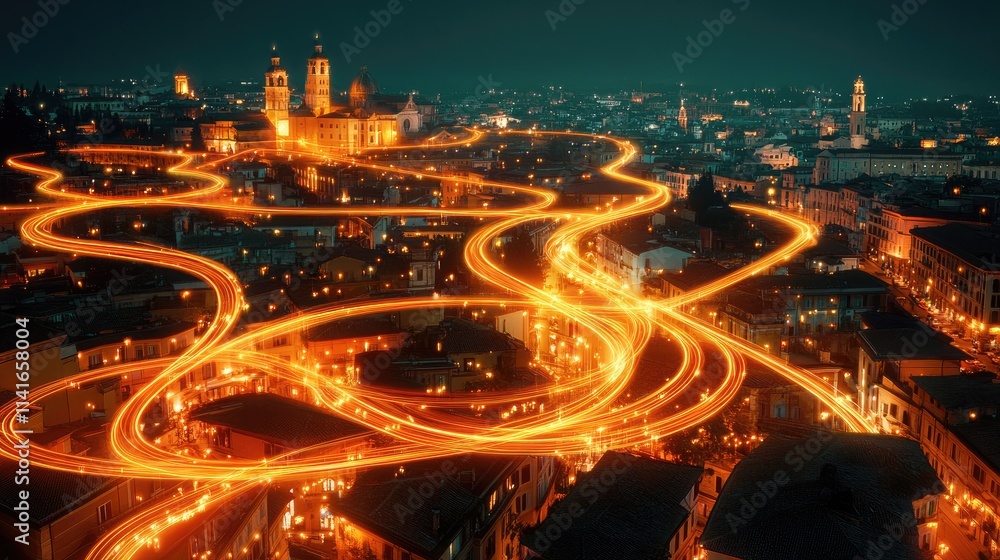 Poster A modern city with glowing lines representing wireless network connections, symbolizing the evolution of technology and communication in urban spaces.
