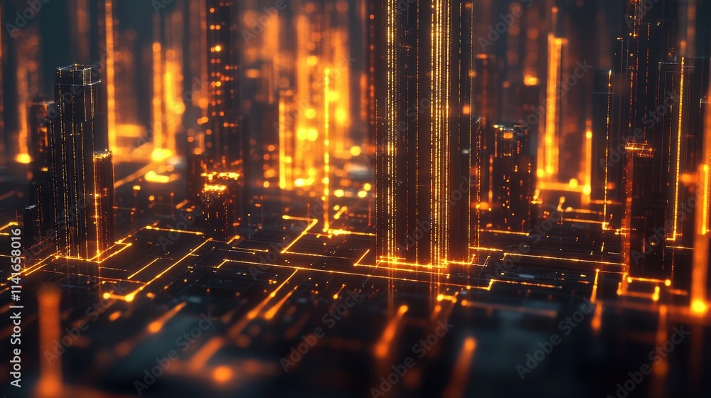 Poster a modern city with glowing lines representing wireless network connections, symbolizing the evolutio