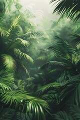 Naklejka premium Lush green tropical jungle foliage with mist.