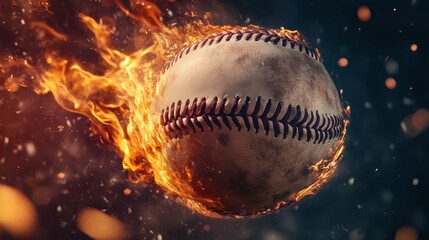 Flying baseball in flames on black background,Hot baseball ball in fires flame,Closeup Baseball player hitting ball with bat,home run,baseball field with grandstand,sport day,space for text.