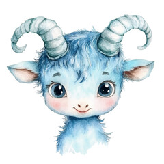 Adorable Blue Baby Goat Watercolor Illustration