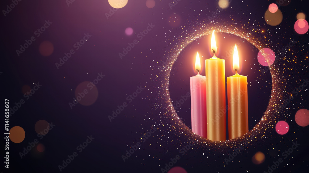 Poster glowing candles in warm hues create serene atmosphere, surrounded by sparkling bokeh lights. soft fl