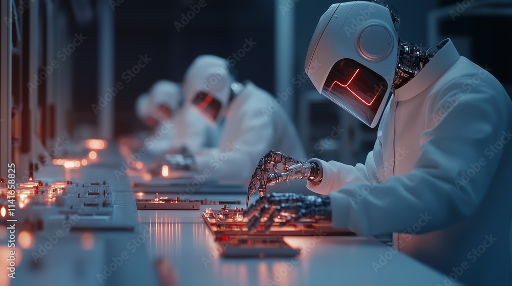 Poster advanced robots assembling circuits in a high-tech manufacturing facility at nighttime