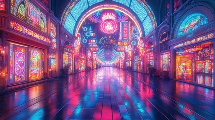 Obraz premium Neon-lit street, vibrant shops, wet pavement, night scene.