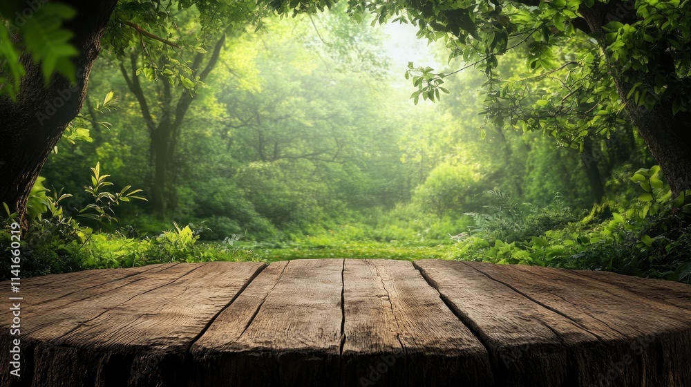 Poster a rustic wooden desk or stump in a lush green forest, surrounded by trees and nature, ideal for prod