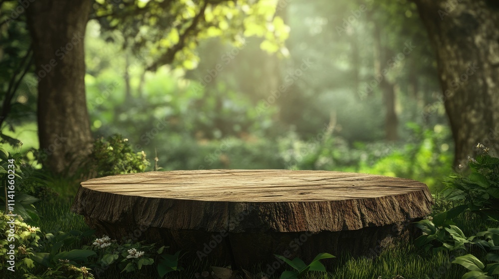 Poster a rustic wooden desk or stump in a lush green forest, surrounded by trees and nature, ideal for prod
