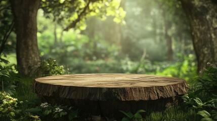 Naklejka premium A rustic wooden desk or stump in a lush green forest, surrounded by trees and nature, ideal for product display or promotional use in a peaceful setting.