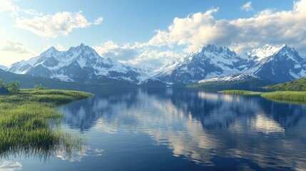 A serene mountain lake with the reflection of snow-capped peaks, surrounded by peaceful natural beauty. Ideal for nature, adventure, or eco-tourism marketing.