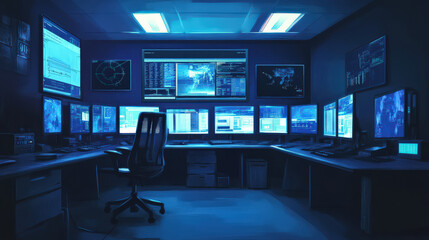 Intense focus in high tech cybersecurity operation center. Blue light illuminates multiple monitors displaying complex data