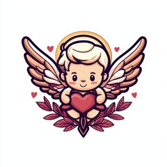 Whimsical Chubby Cupid Angel with Golden Halo Holding Heart Surrounded by Leaves and Hearts