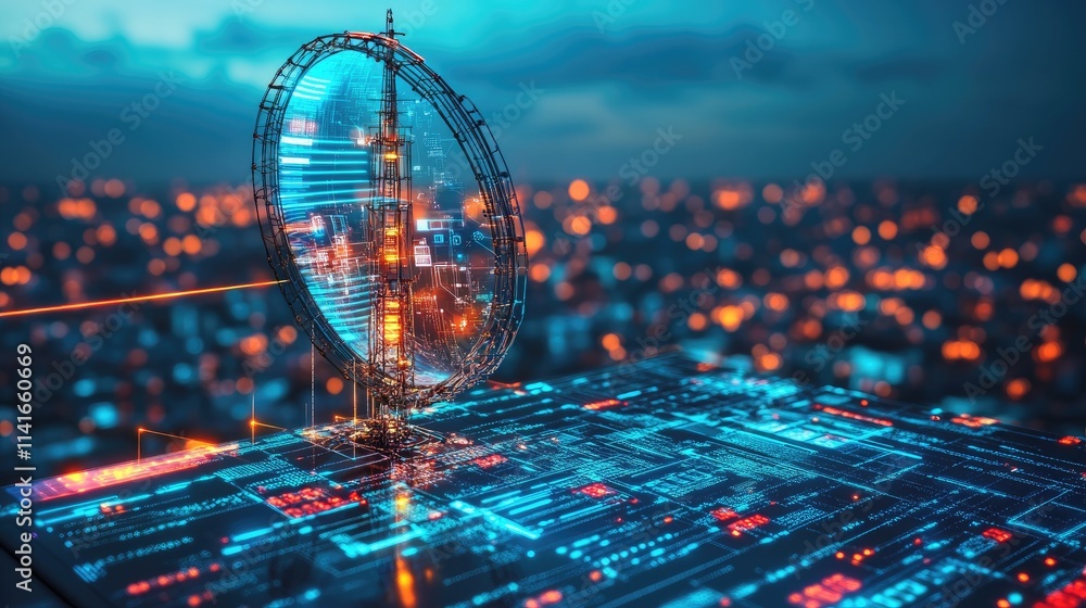 Poster A signal antenna with a line data hologram, broadcasting signals and transmitting data, set against a digital technology backdrop