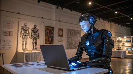 the robot works at a laptop