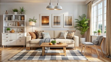 Obraz premium Minimalist Scandinavian living room: white beige sofa, wooden sideboard, cozy Nordic design.