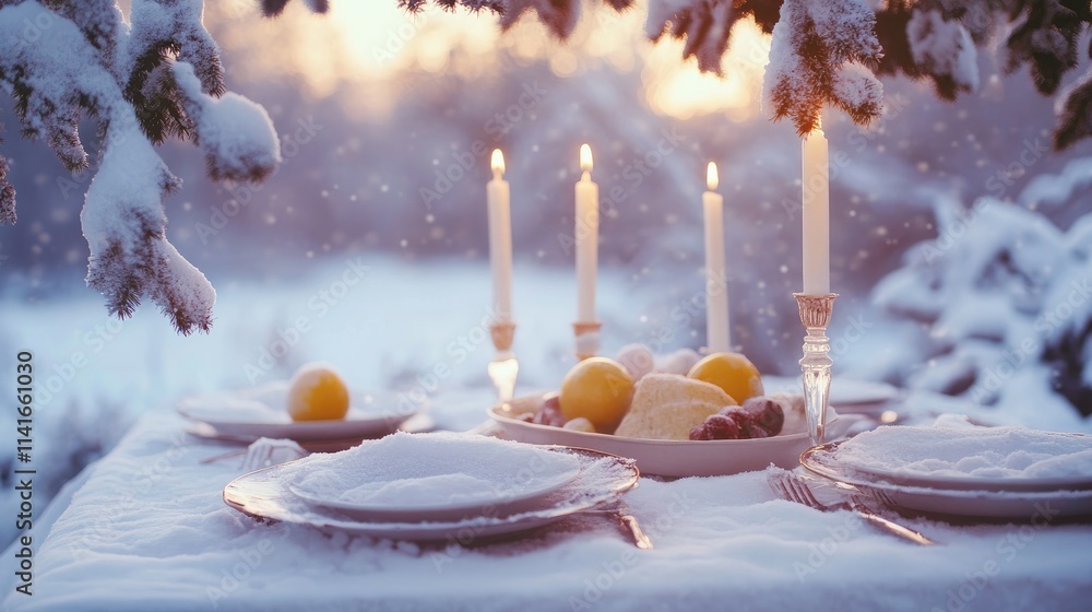 Poster a snow-covered table with free space for decoration, creating a peaceful winter setting for festive 