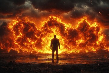 Obraz premium A silhouette of a man stands against a fiery explosion, evoking feelings of intensity and drama in the chaotic scene.