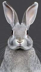 Obraz premium A close-up of a gray rabbit with large ears and expressive eyes against a dark background.