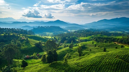 Fototapeta premium Sunlit Green Hills: A Breathtaking Landscape Panorama. AI Generated