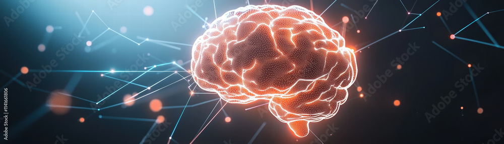 Poster glowing brain with digital connections and particles, symbolizing intelligence and technology. vibra