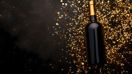 Black wine bottle with gold glitter background