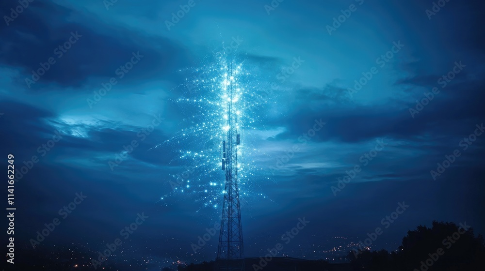 Aufkleber a telecommunication tower emitting glowing digital waves, representing modern 5g technology and the 