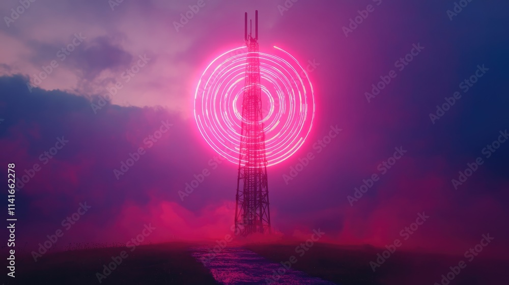 Poster a telecommunication tower with digital waves glowing around it, symbolizing high-speed 5g technology