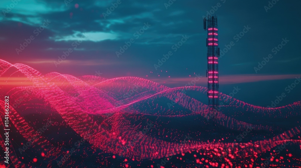 Poster a telecommunication tower with radiant digital waves in the background, emphasizing the role of 5g t