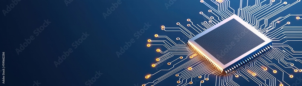 Poster minimalist microchip design in metallic silver with intricate circuitry, showcasing modern technolog
