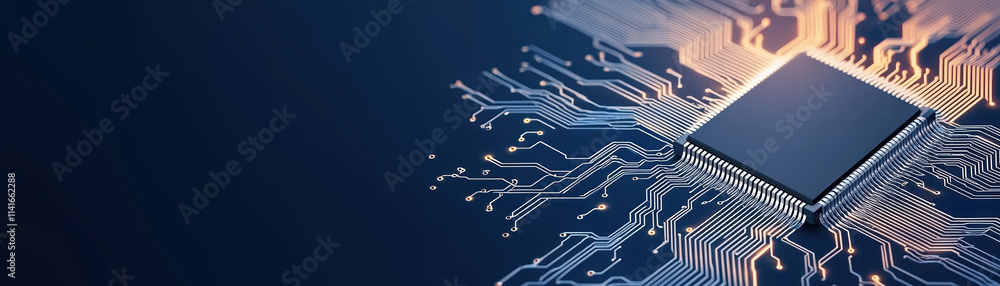 Poster close up view of microchip with intricate circuit patterns, showcasing metallic silver tones and glo