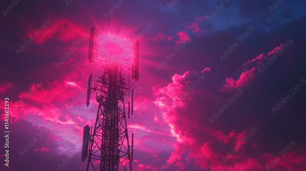 Poster a telecommunication tower with radiant digital waves in the background, emphasizing the role of 5g t