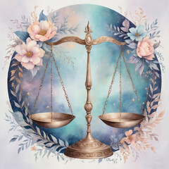 Libra zodiac sign with balanced scales surrounded by flowers and stars
