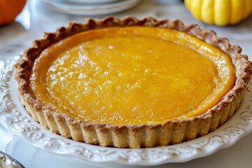 Traditional Thanksgiving pies with pumpkin pie in the middle overhead view on white 