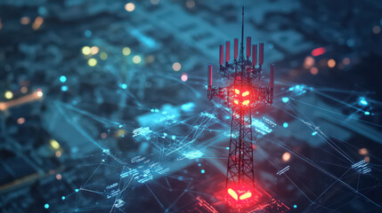 Futuristic 5G network tower glowing red at night conveying technological advancement and global connectivity