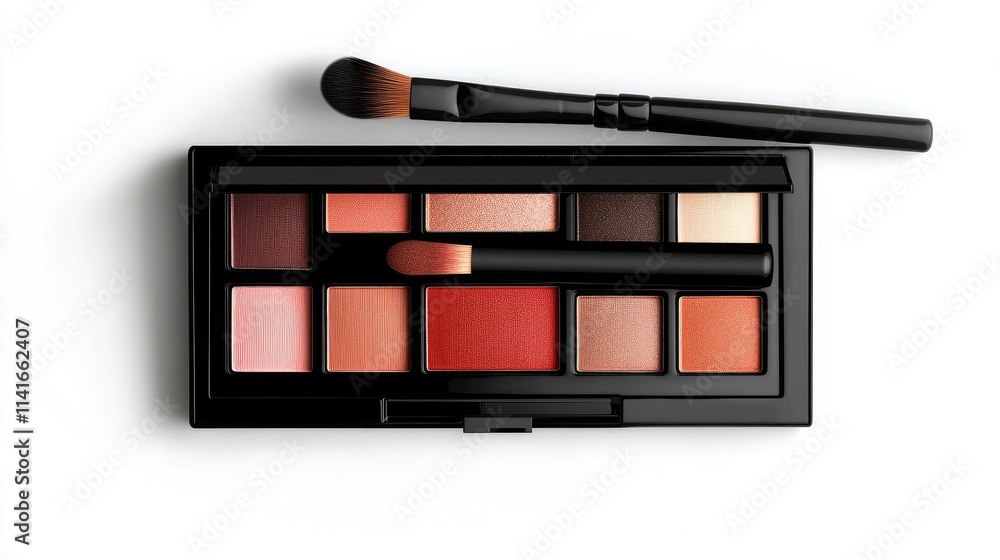 Poster a top view of a realistic black plastic eyeshadow palette with eyebrow brush applicator and various 