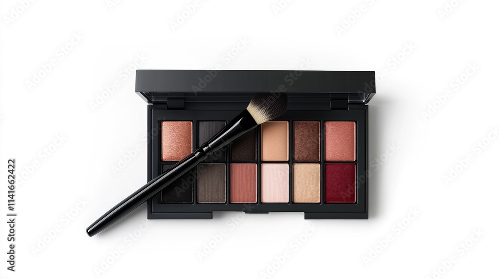 Aufkleber a top view of a realistic black plastic eyeshadow palette with eyebrow brush applicator and various 